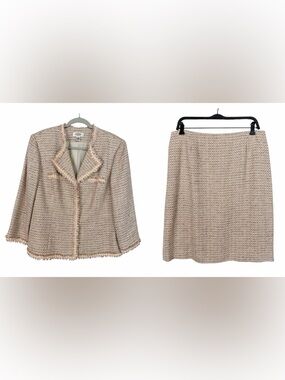 Vintage Talbots Tweed Suit Pink Fringe Skirt & Jacket Spring Size 16